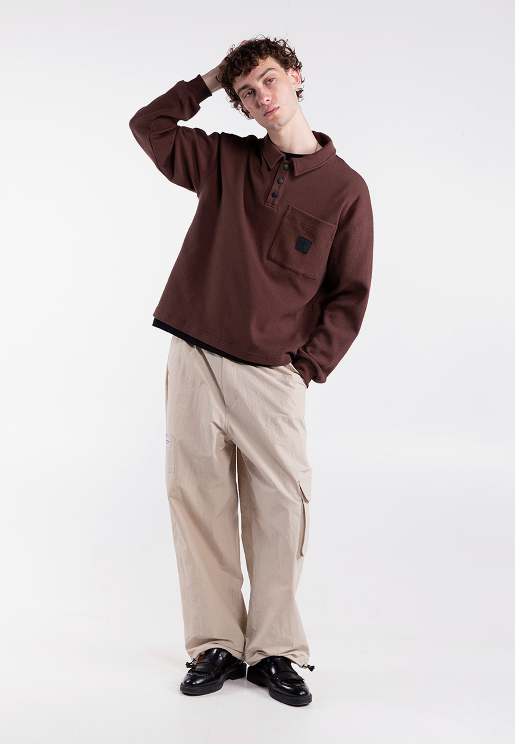 Long Sleeve Waffle Polo - Brown