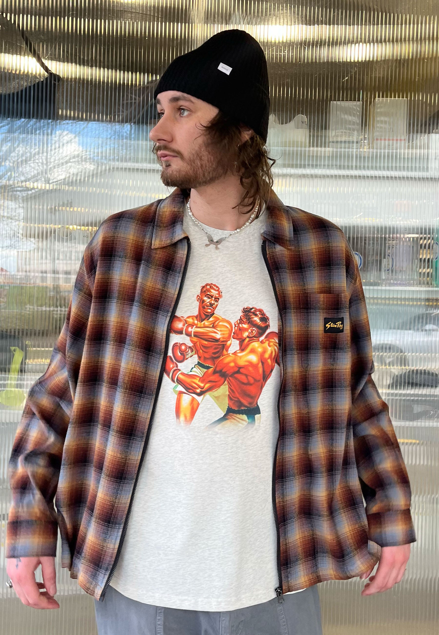 Zip Shirt -Brown/Blue Plaid