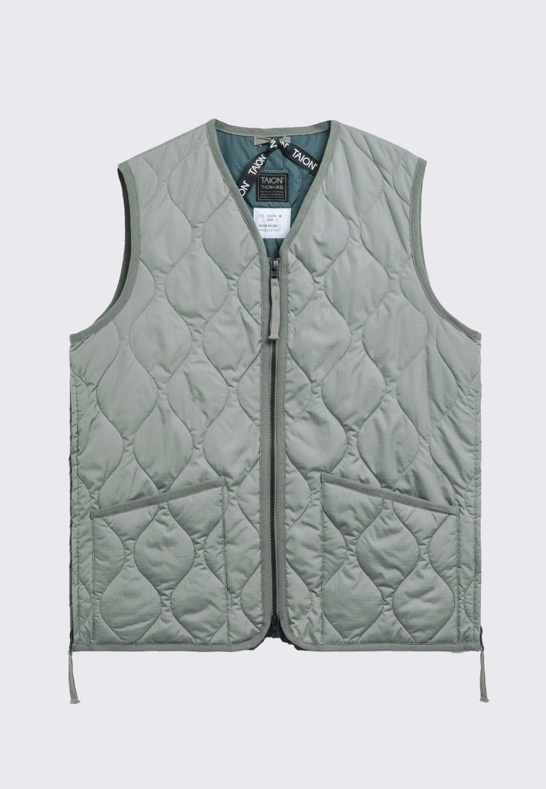 Military Zip V Neck Down Vest - Dark Sage Green