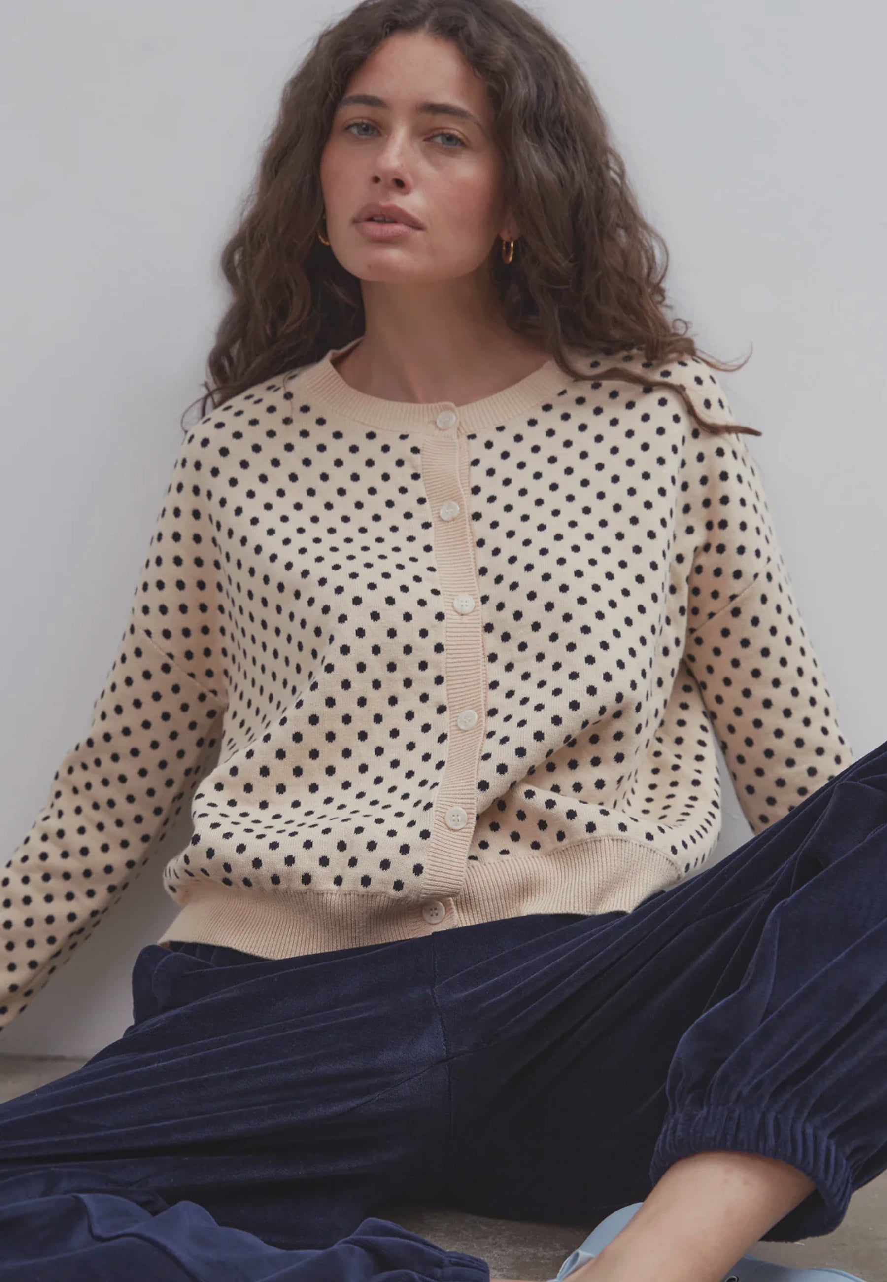 Dawn Cotton Cardigan - Beige Polka Dot