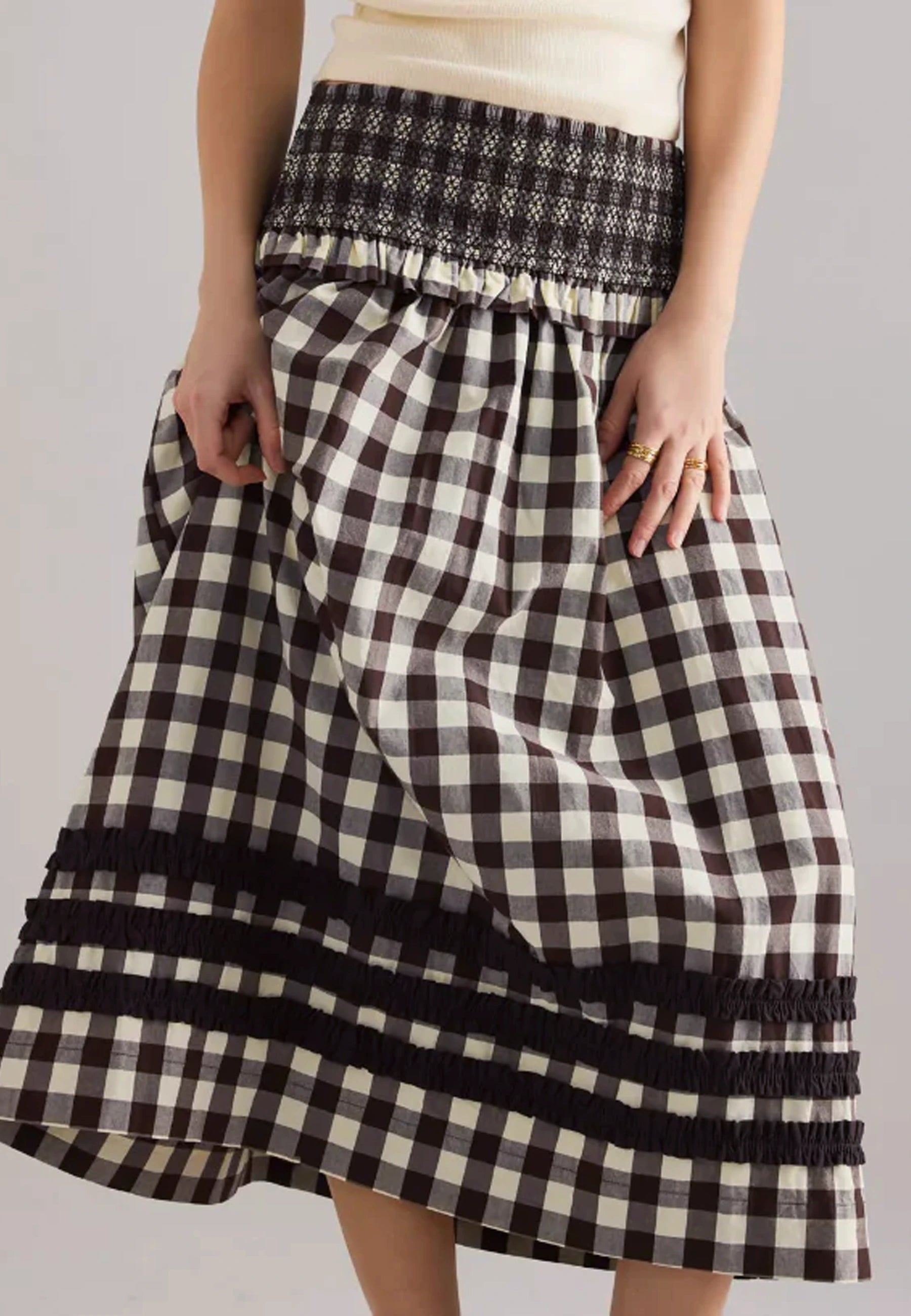 Ava Ruffle Midi Skirt - Black/Butter Gingham