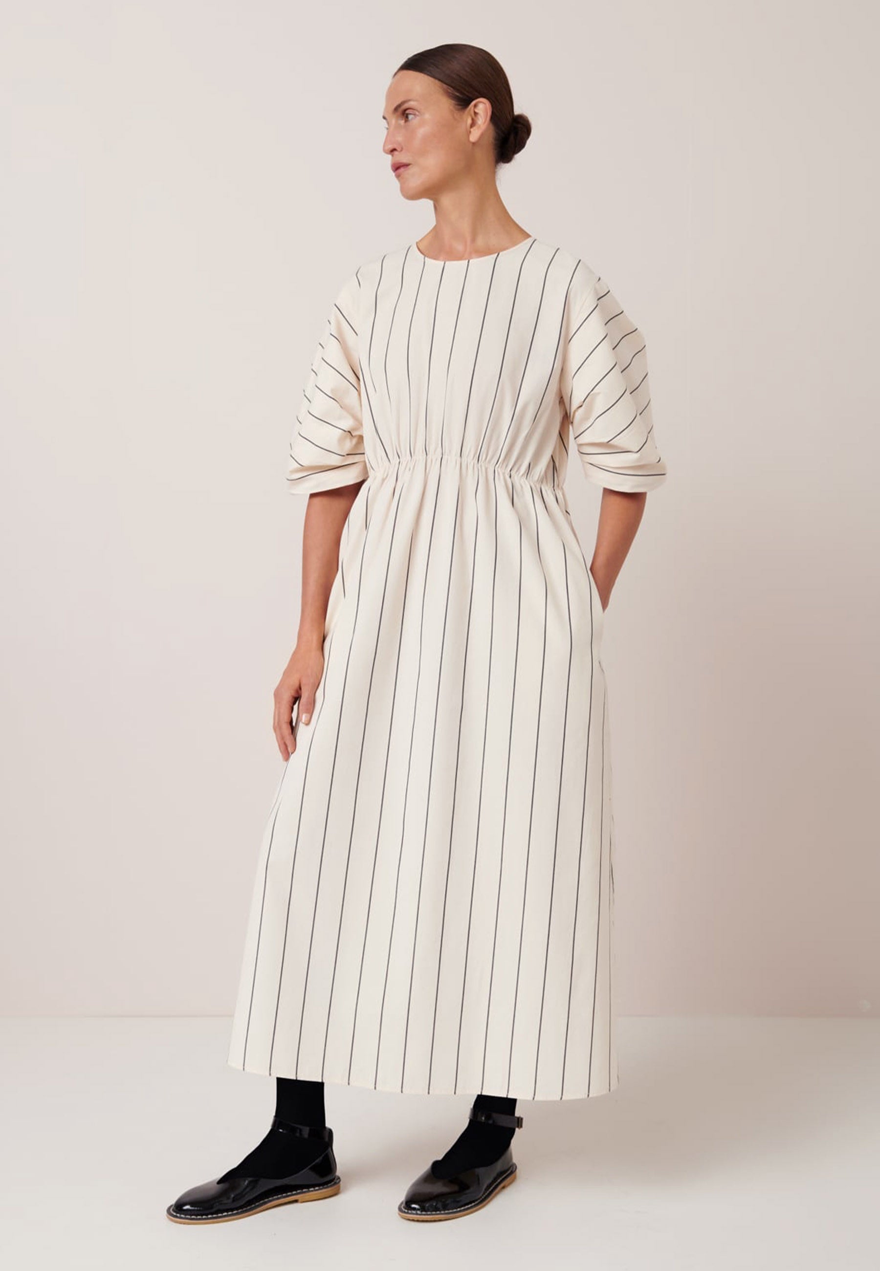 Ellora Dress - Greige Pinstripe