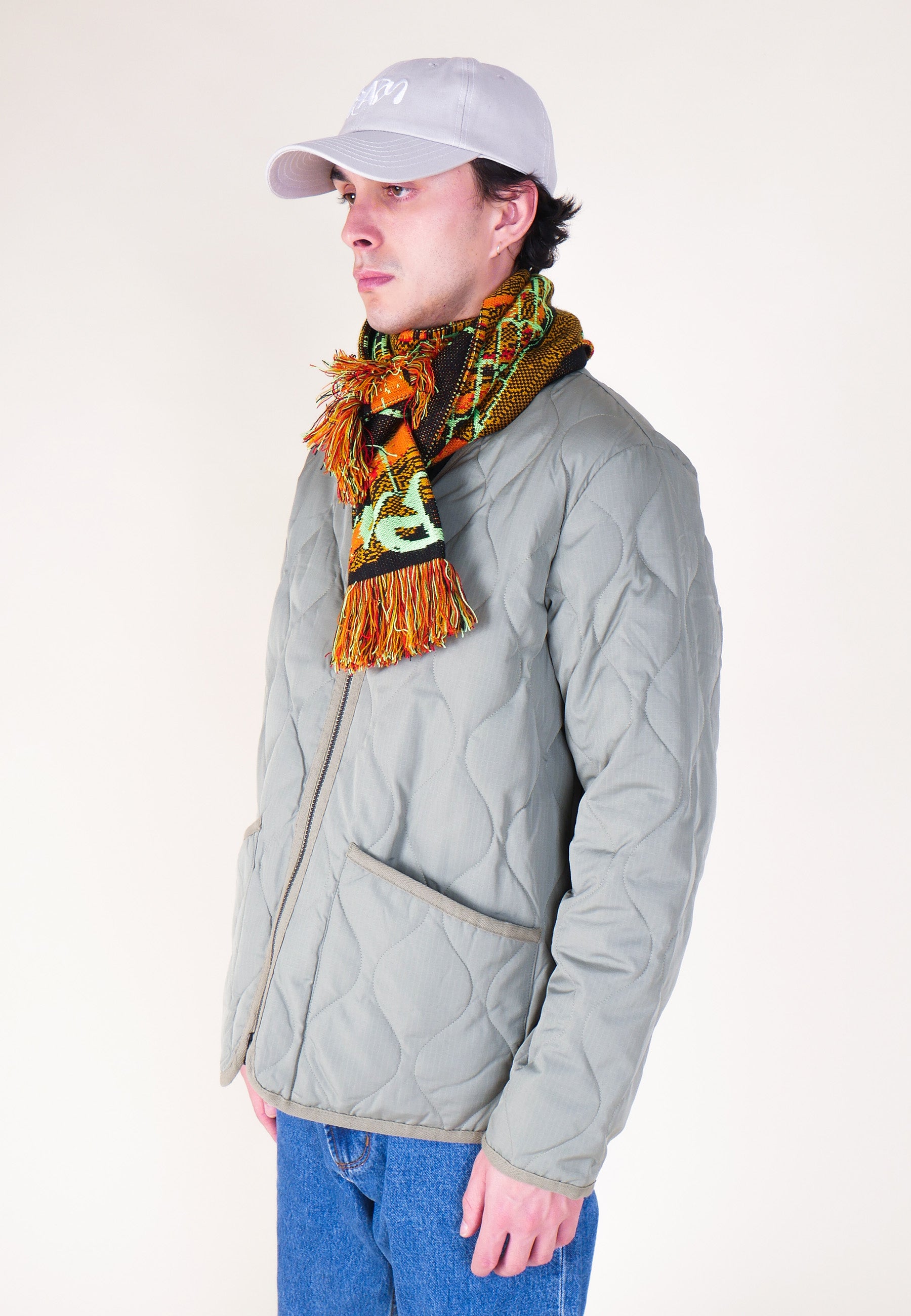 Military Zip V Neck Down Jacket - Sage Green