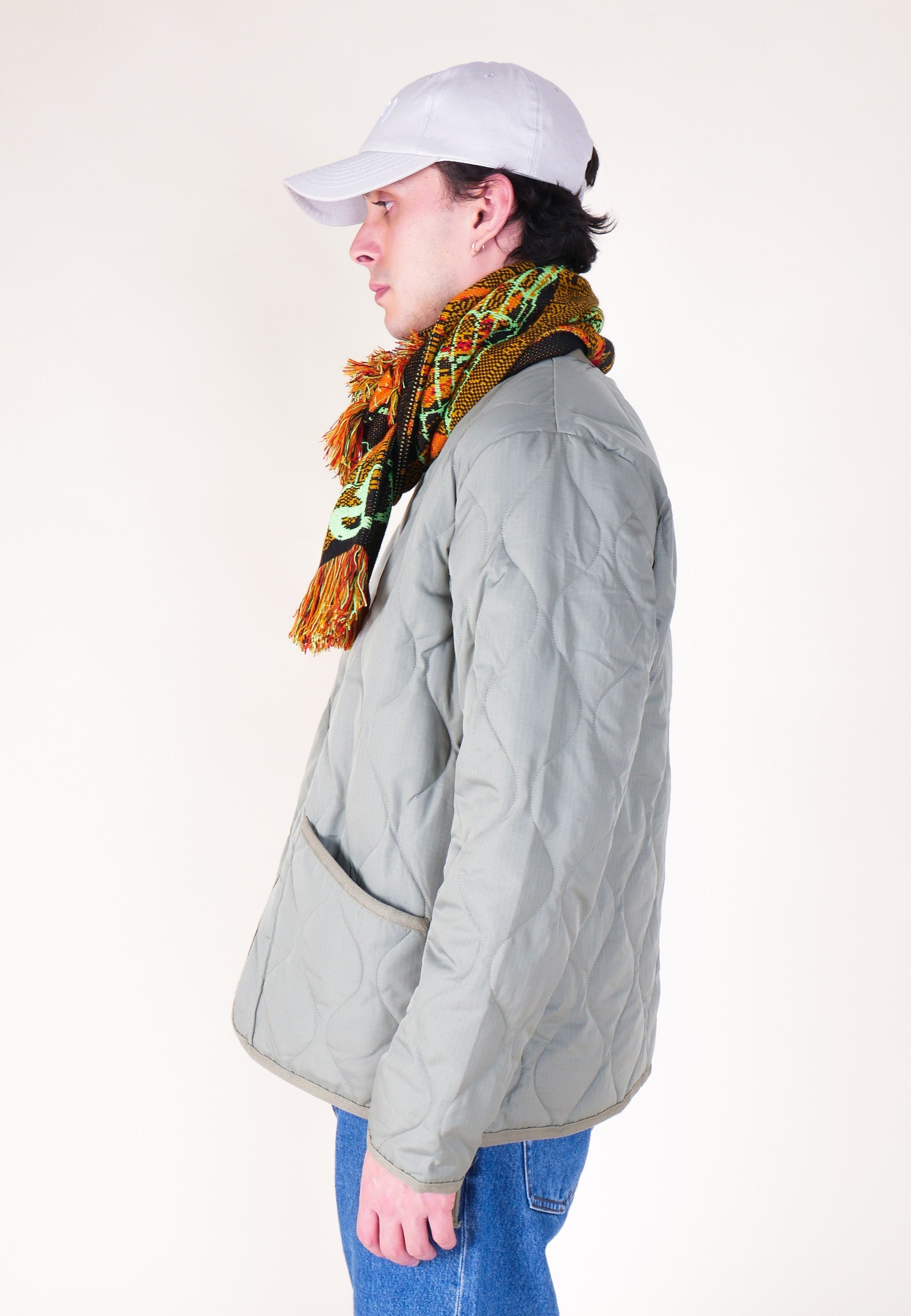 Military Zip V Neck Down Jacket - Sage Green