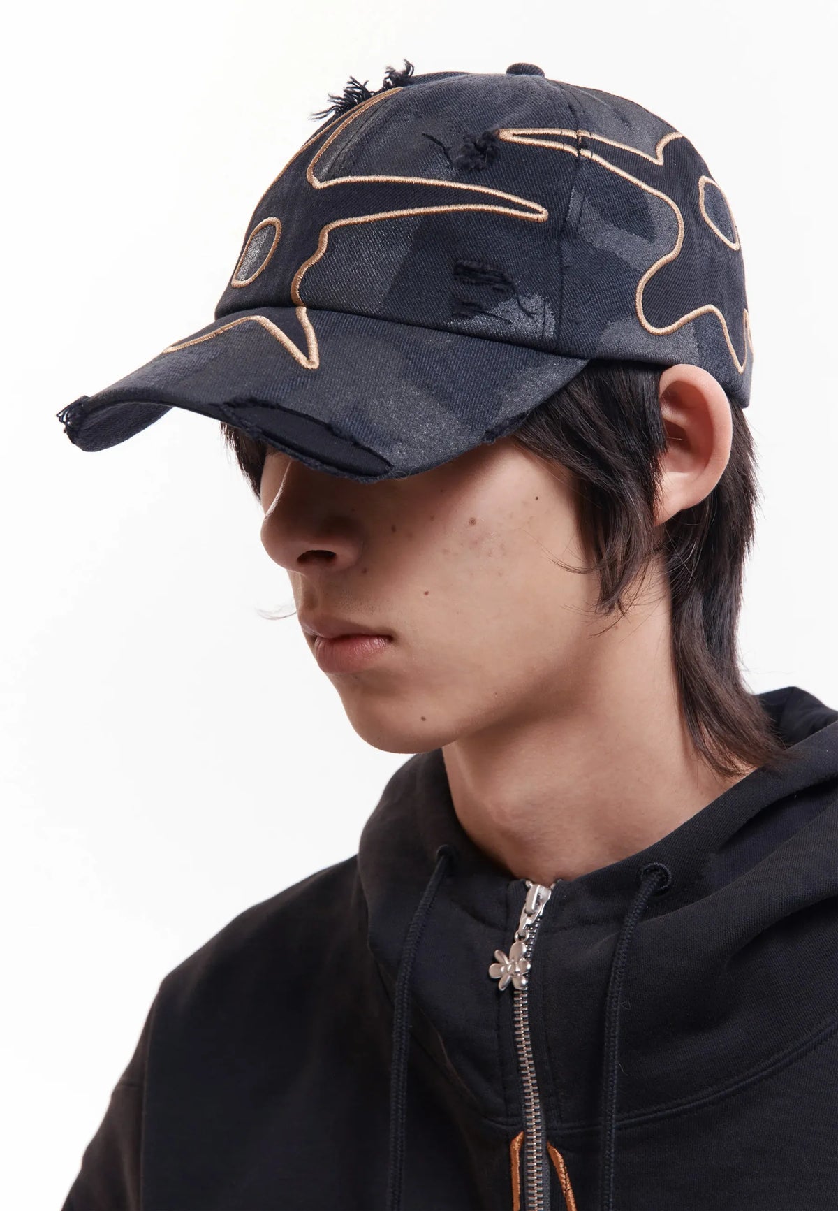 Distressed Urchin Tag Baseball Cap - Black Wash