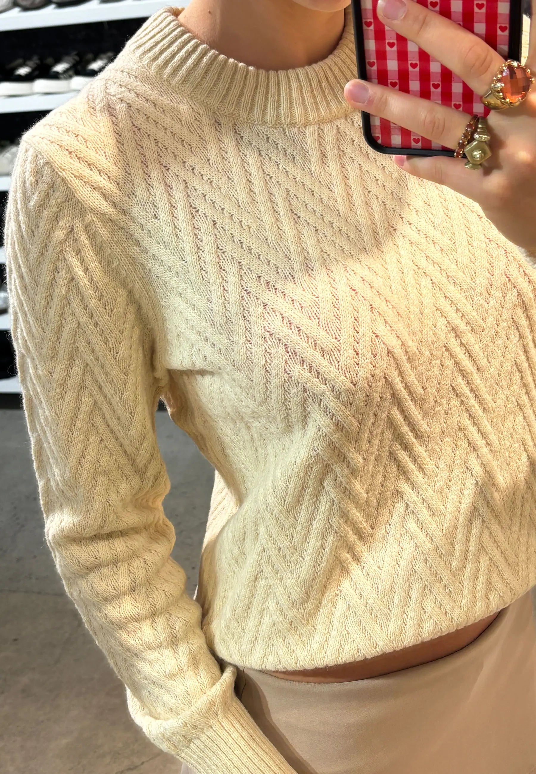 Women's Recycled Wool Blend Sweater - Chevron Cable/Dark Natural