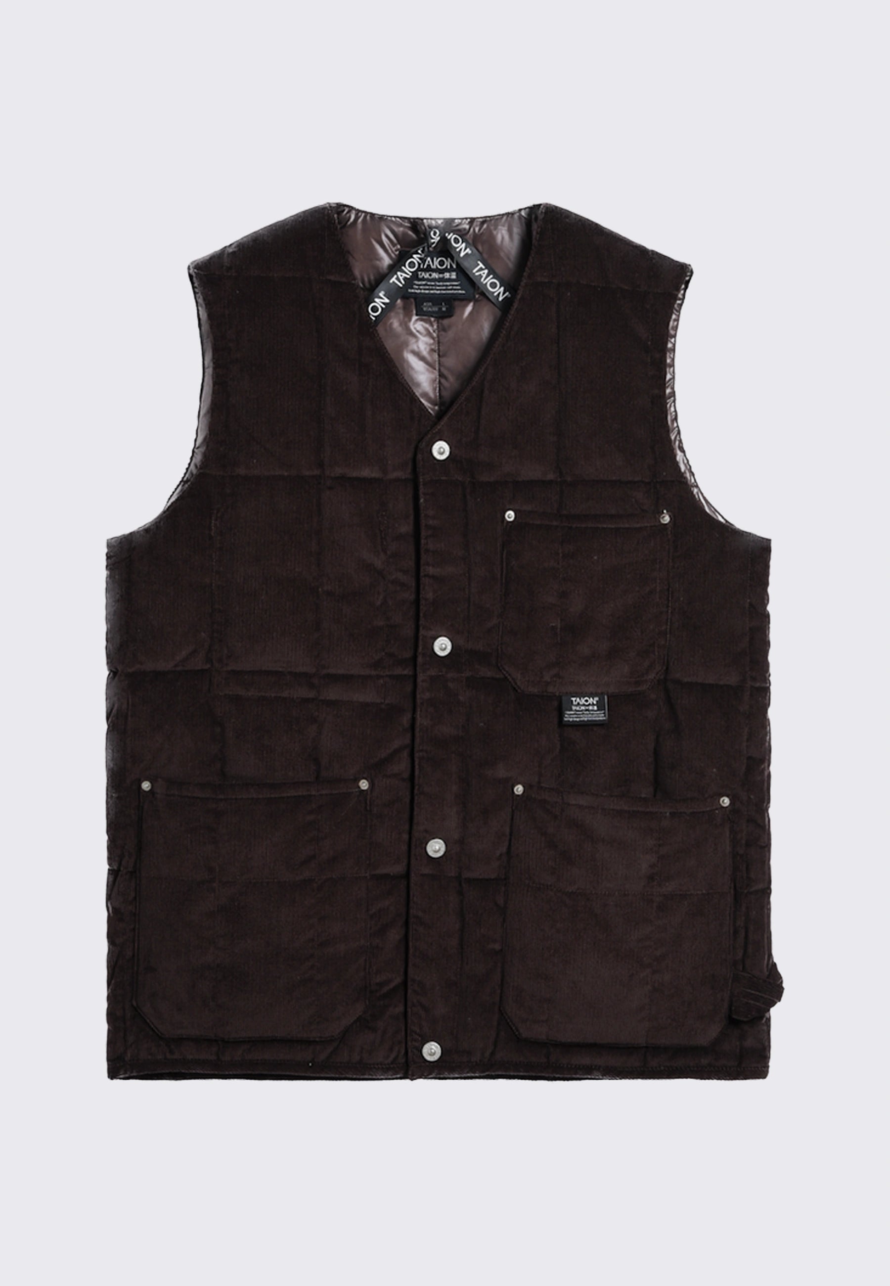Work V Neck Button Corduroy x Down Vest - Dark Brown