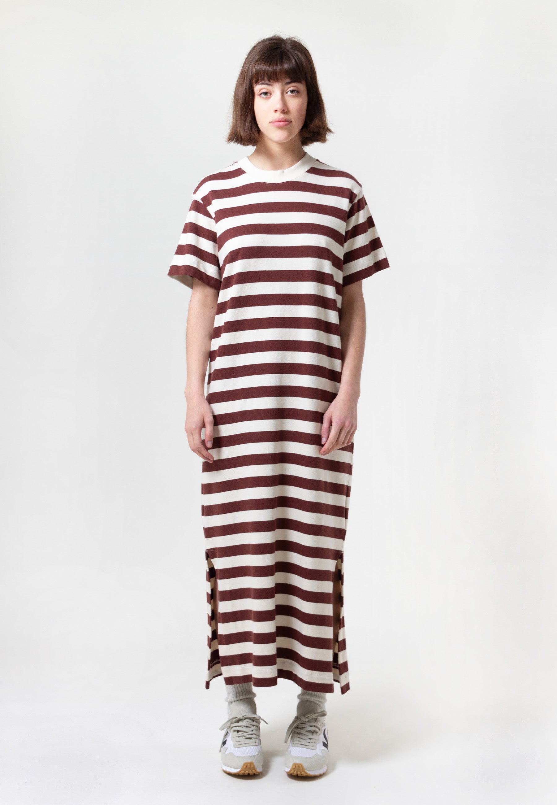 Building Block Long T-Shirt Dress - mahogany stripe