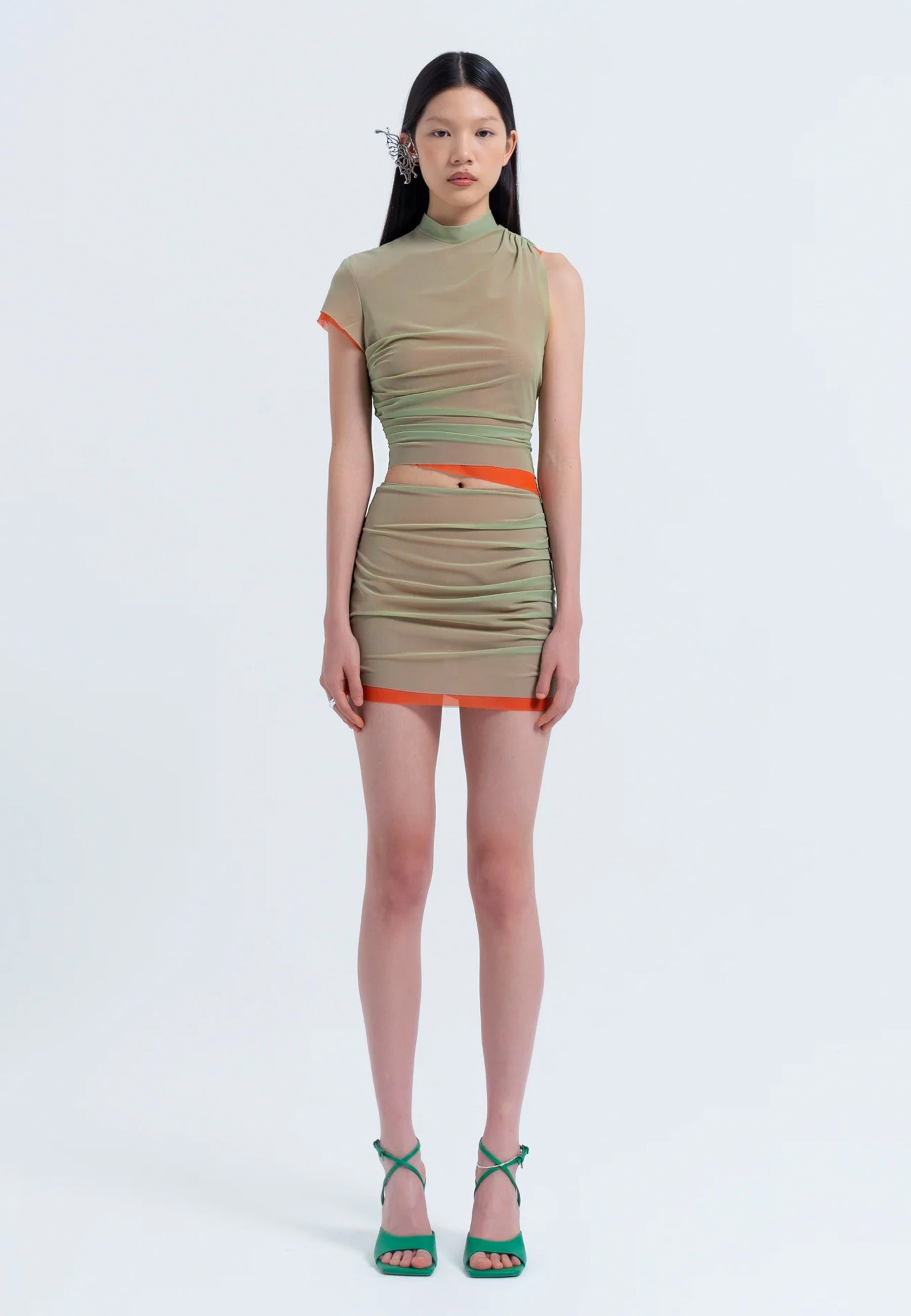 Double Mesh Mini Skirt - Moss/Orange