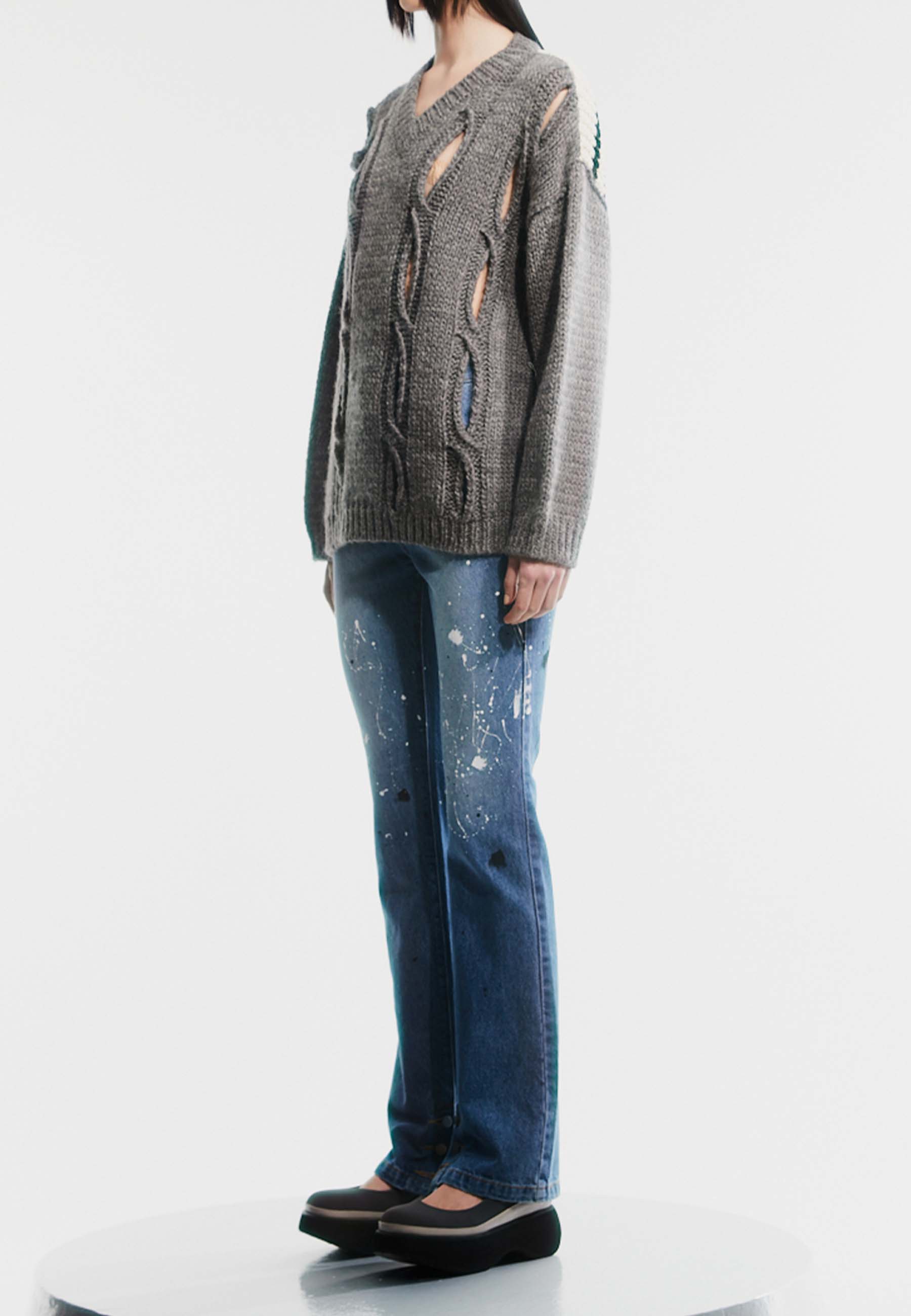 Back Stripe Cut-Out Knit Sweater Grey - Main Image