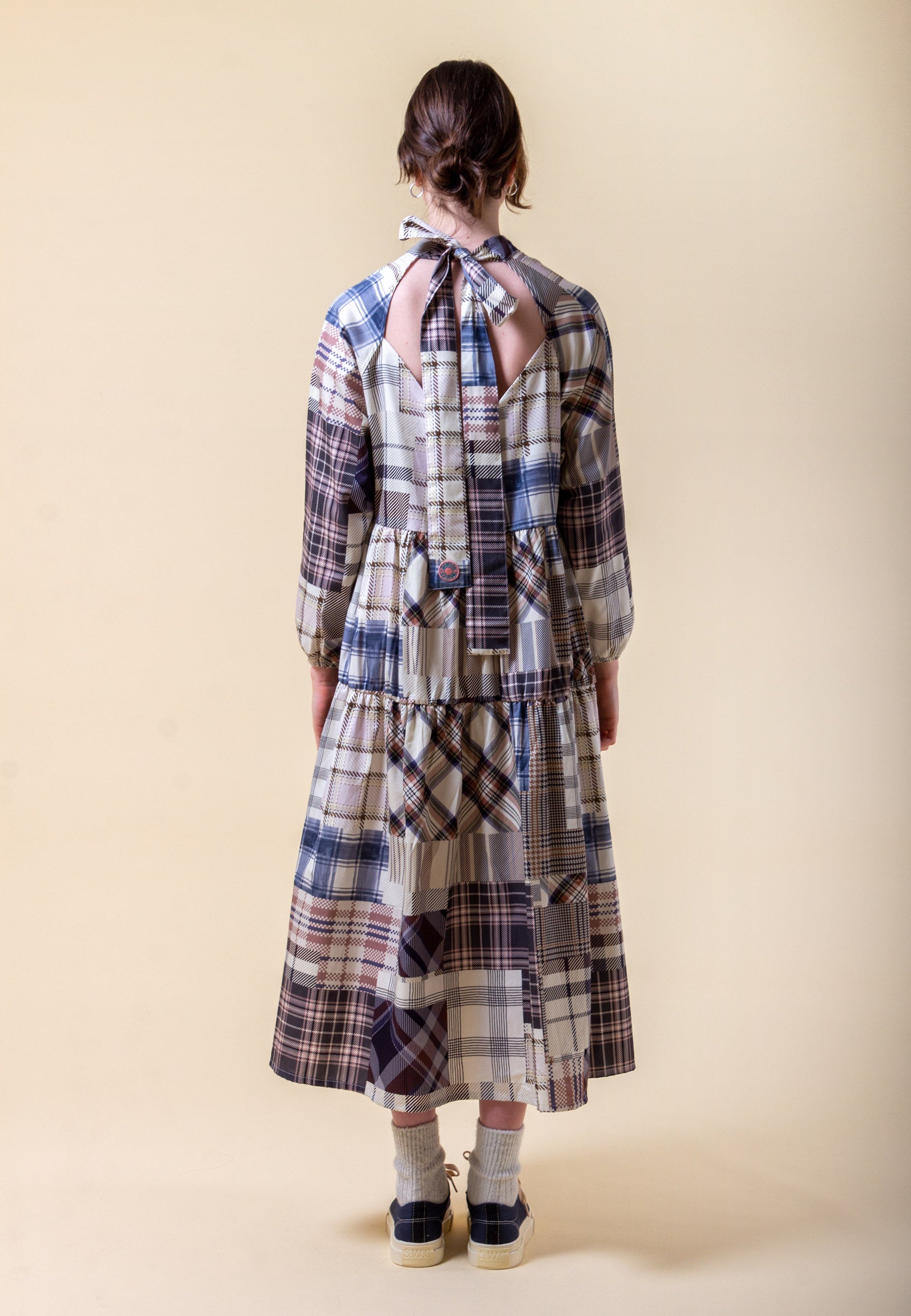 Patchwork V-Neck Smock Dress - blue