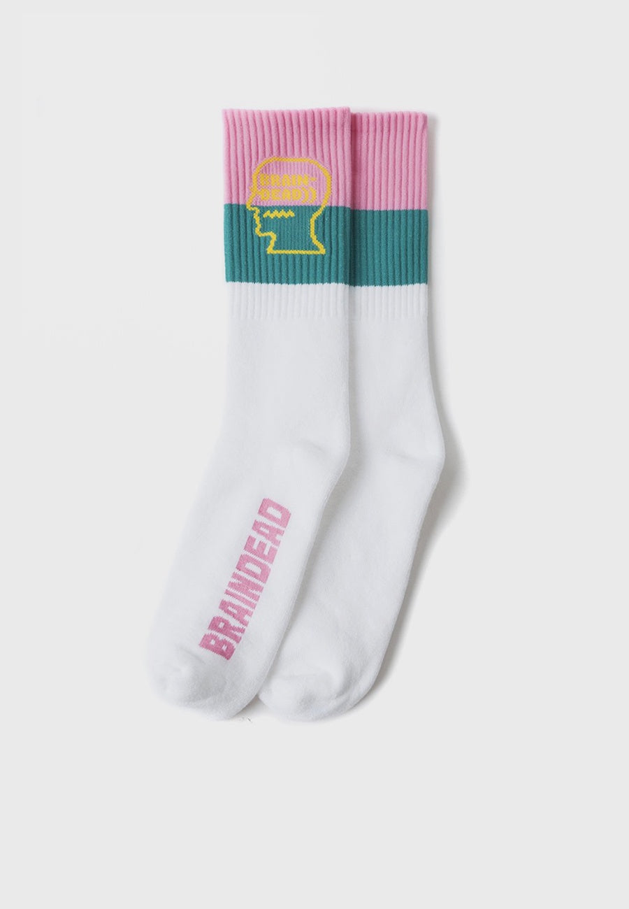 Brain Dead | Striped Logo Sock - white/teal/pink/pale yellow | Good As Gold, NZ